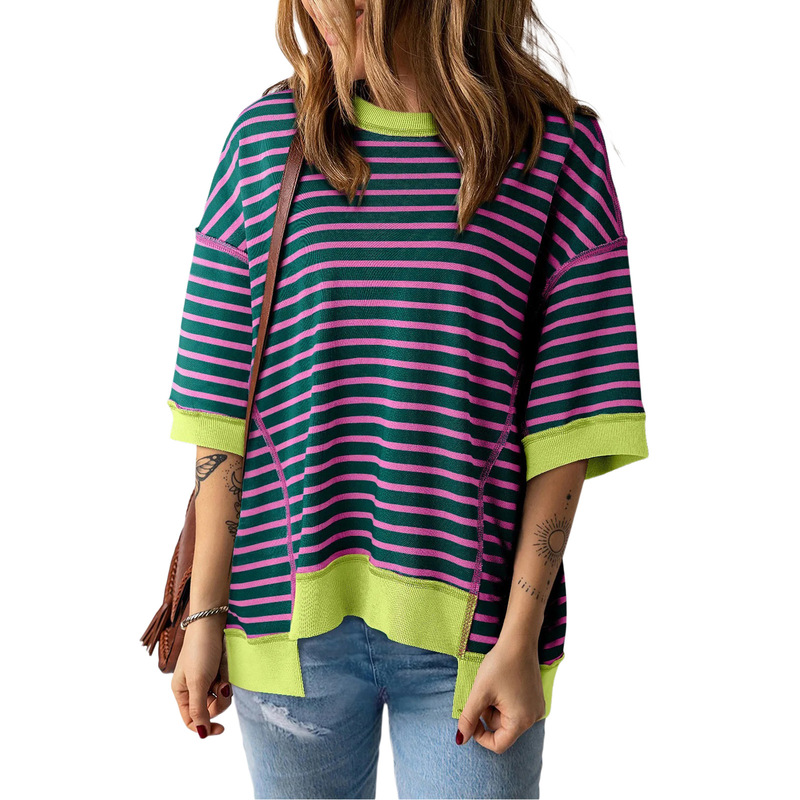 時穎の夏の新型のストライプは色の半袖のtシャツの女性の2024欧米のカジュアルでゆったりしているoversizeのプルオーバーをつづり合わせます。|undefined