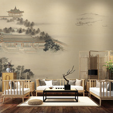 现代中式大气水墨山水阁楼客厅背景墙纸壁布书房硬包环保壁画