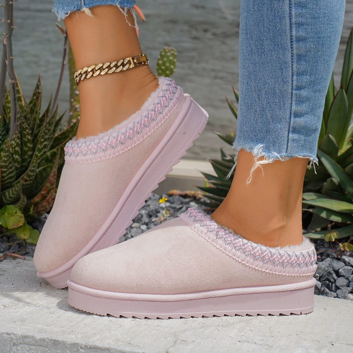 Женские осенне-зимние новые кружевные модные зимние ботинки для внешней торговли, женская обувь, хлопковая обувь на половине шлепанцев, утепленные плюшевые тапочки