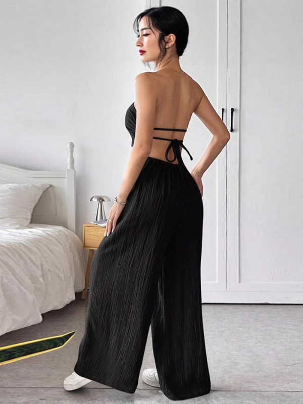 ヨーロッパとアメリカのクロスボーダーファッション気質カジュアル気質Lv服婦人服無地チューブトップウエストワイドレッグパンツ|undefined