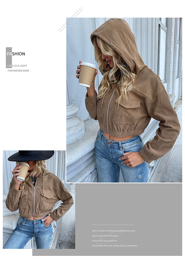 Solid Color Hooded Corduroy Women's Jackets_voghion.com