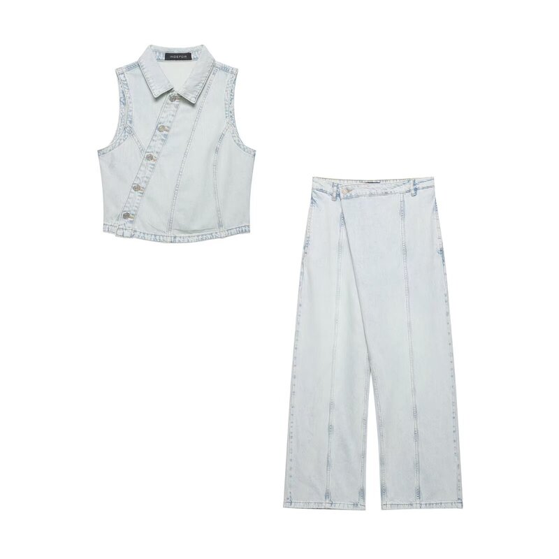 European and American Cross-Border Women's Clothing Wholesale Women's Denim Double-Breasted Vest Low-Waist Jeans Casual Suit