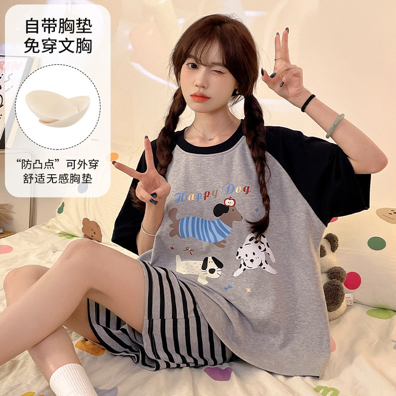 Cartoon Puppy Print Short-Sleeved Shorts Pajamas for Women in Summer, Cute and Loose-Fitting, Slimming, with Chest Pads, Home Wear