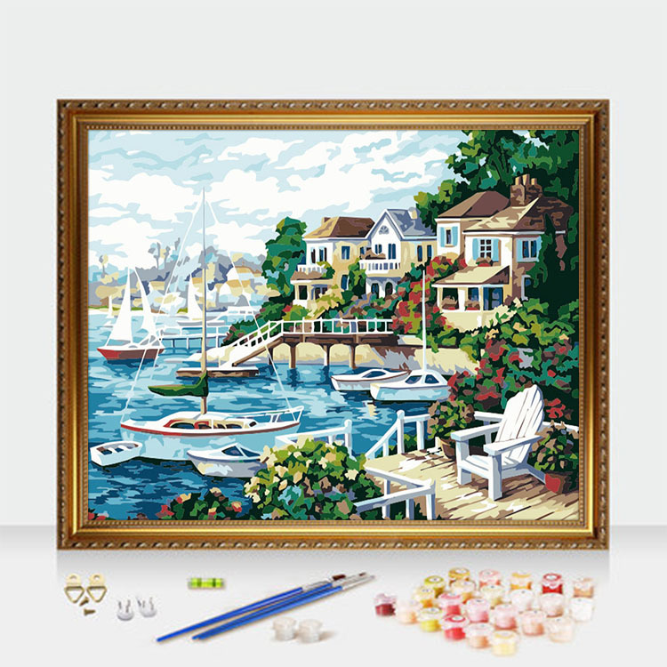 Pintura al óleo digital DIY al por mayor, paisaje costero, arquitectura, pintura decorativa para colgar en la sala de estar, pintura decorativa de villa costera, 30*40*5 image 20