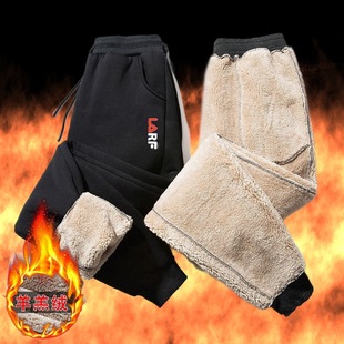 Autumn and Winter Cold-proof fleece-lined Thickened Work Wear Loose Pure Black Casual Pants Men's plus size Stretch Lambskin Men's Pants