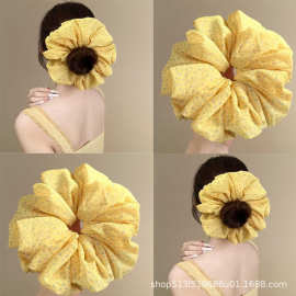 雨中杏黄新款法式碎花雪纺大肠发圈温柔高级丸子头绳发绳花盘发女