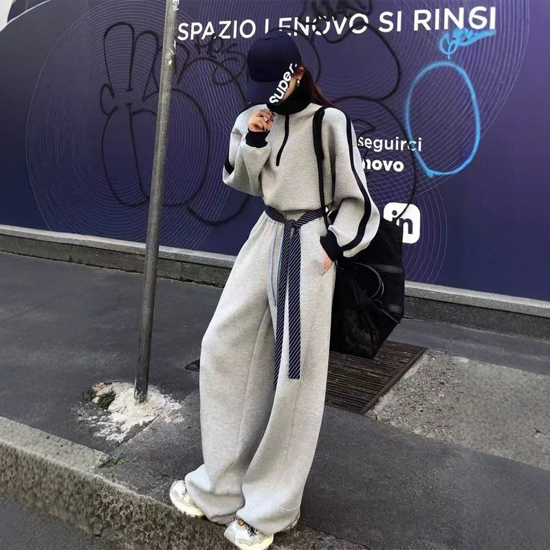 High-end casual sports suit for women, spring and autumn, loose and stylish, trendy streetwear hoodie and wide-leg pants two-piece set