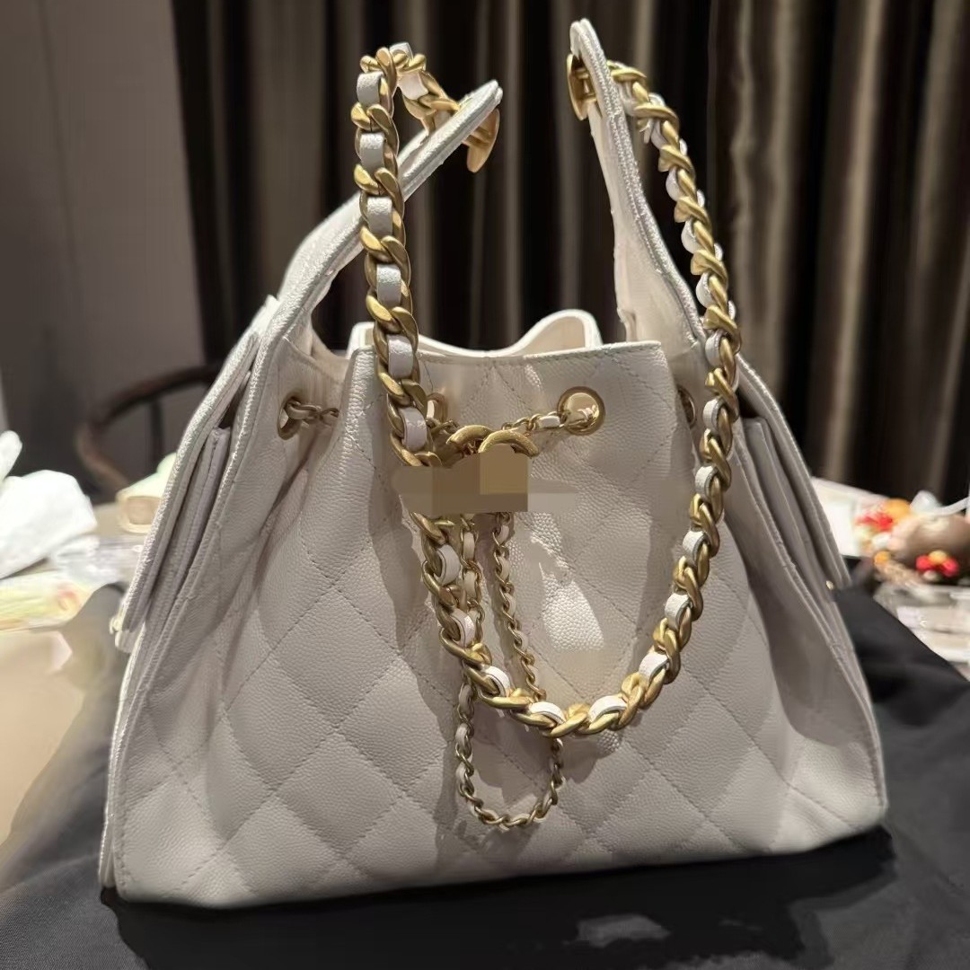 Cross-border Wholesale 25C Hippie HOBO Genuine Leather Quilted Chain Bag Drawstring Bucket Bag Underarm Bag Shoulder Bag for Women - Thumbnail 4
