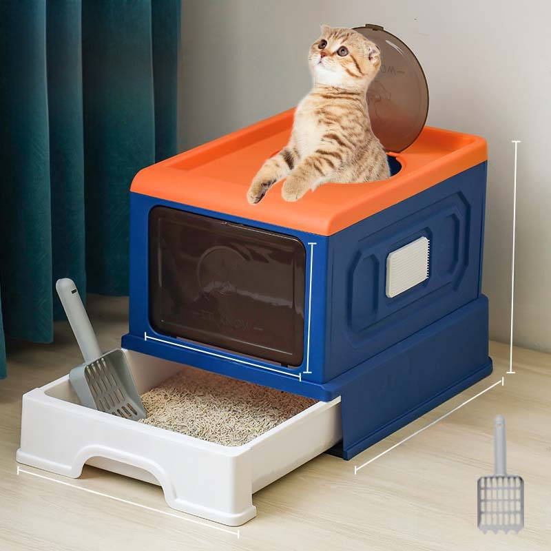 Fully Enclosed Cat Litter Box with External Splash Prevention, Odor Control, Easy Cleaning, Drawer Style, Large Size, Foldable, with Scratch Tool Cat Litter Box