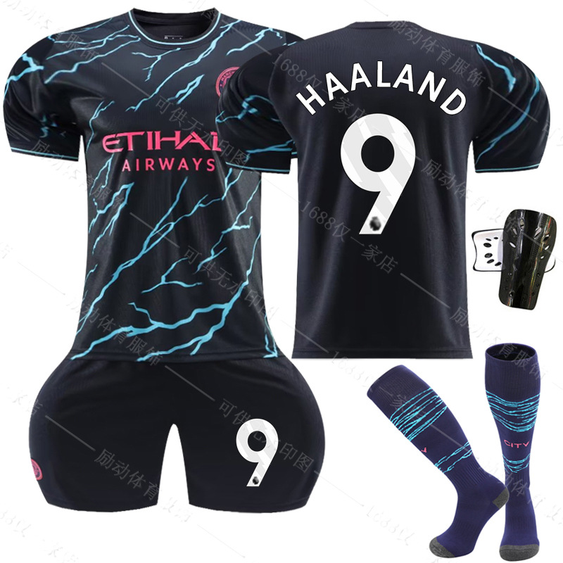 2324マンチェスターシティ2アウェイニューブラックサッカーユニフォーム9号ハーランドユニフォームセット17デブロウネ47フォーデン