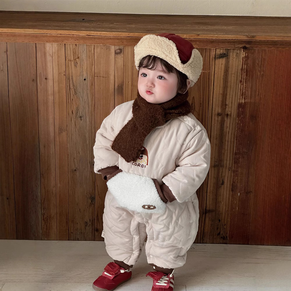 Ropa coreana para niños, ropa de invierno, mamelones gruesos y cálidos, dibujos animados, cachorros lindos con la cabeza inclinada, una pieza