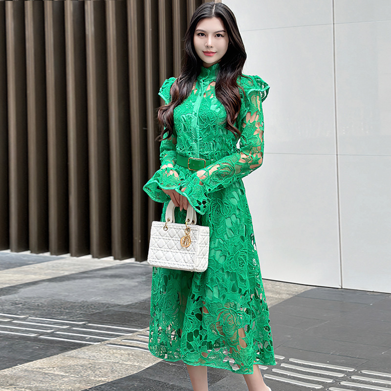 -Real shot in stock Heavy Industry Gaoding water soluble hollow with belt long ruffled temperament dress