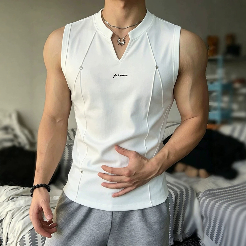 Four-Corner Rivet V-Neck Sleeveless T-Shirt for Men, Summer American-Style Trendy Brand Design, Loose Fit Wide-Shoulder Vest for Teenagers