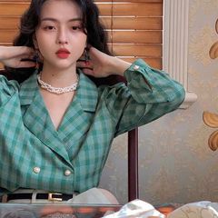 山力达迪酒午港风复古2025女春新款泡泡袖格纹衬衫上衣优雅修身西