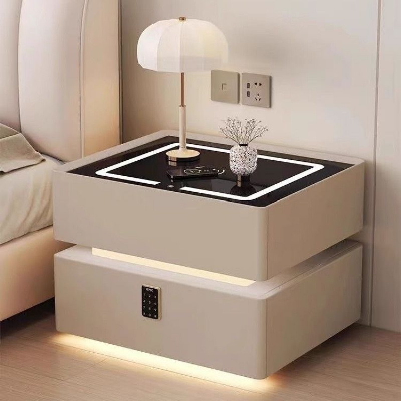 Mesa de cama crema inteligente dormitorio madera maciza carga inalámbrica ligera de lujo alta mesa de cama de tabla de roca flotante mesa de cabecera