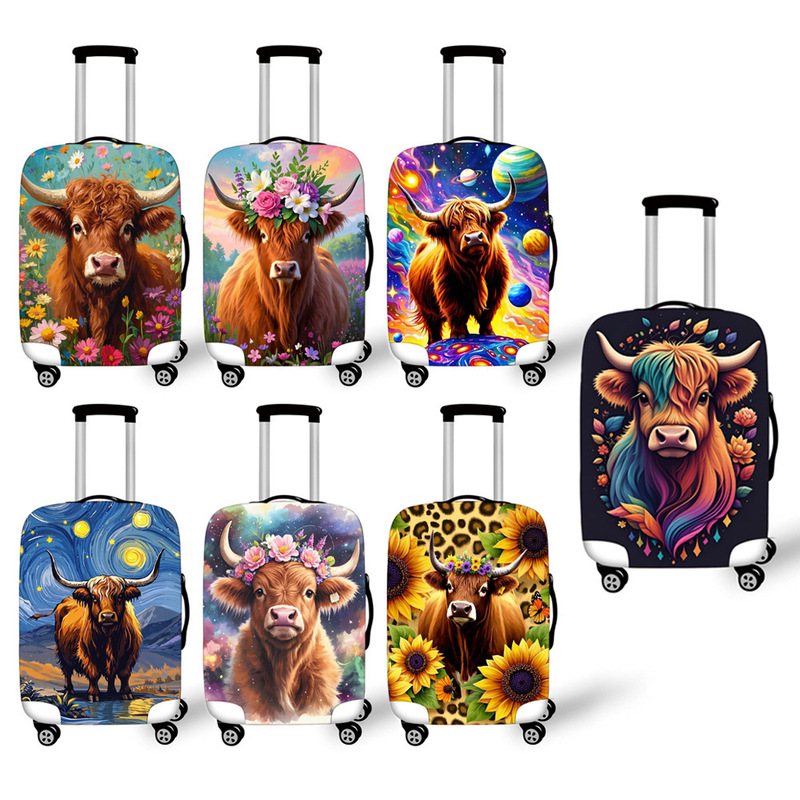 Sunflower Highland Cow Print Luggage Case Spandex Fashion Waterproof Stylish Travel Cover