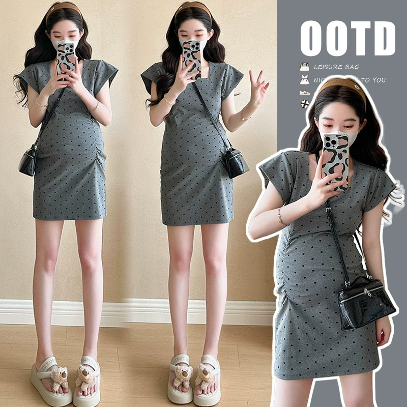 Летнее платье для беременных 2025 года, модное, в горошек, на резинке, больших размеров, свободного кроя, с квадратным вырезом