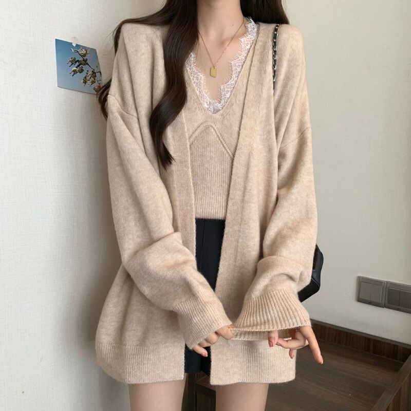 Lace Collar New Vest Sweater Cardigan Suit Women's Summer New Style New Temperament Gentle Two-Piece Top Apricot Color