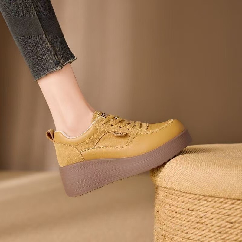 Qiao Yue 2026 New Thick-Soled Genuine Leather Casual Shoes for Women, Spring Season, Height-Increasing 7cm, Versatile Fashion Sneakers