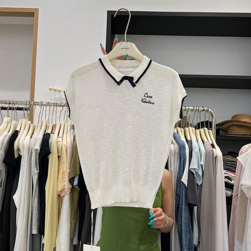 Academy-Style Bowknot Turn-Down Collar Apricot-Colored Regular Shoulder Short-Sleeve T-Shirt for Women, Summer Korean Style, Age-Reducing Letter Embroidery Knit Top Academy-Style Bowknot Turn-Down Collar Apricot-Colored Regular Shoulder Short-Sleeve T-Shirt for Women, Summer Korean Style, Age-Reducing Letter Embroidery Knit Top