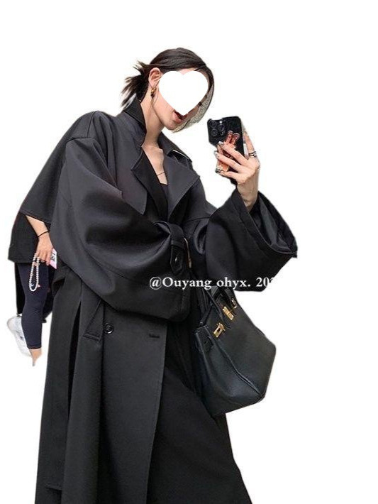 2025黑色风衣外套女时尚春秋新款宽松长款英伦风大衣长款加长版|undefined