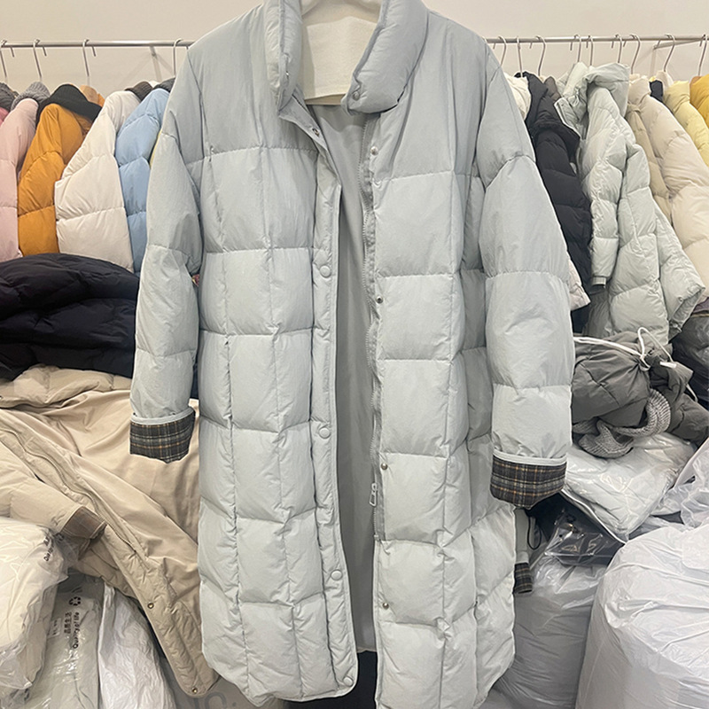 Super good-looking light blue Plaid Spliced Sleeve Collar Down Jacket 2024 Winter Knee-length 90 Warm Jacket