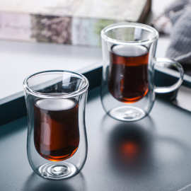 创意双层玻璃杯咖啡杯喝水泡茶杯子家用透明带把手花茶杯果汁杯