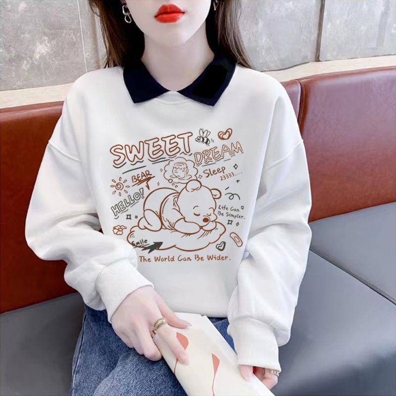 Korean Style Doll Collar Sweatshirt Women's Style Loose and Lazy Spring and Autumn Long-Sleeved Tops Women's Winter Velvet Thickening Korean Style Doll Collar Sweatshirt Women's Style Loose and Lazy Spring and Autumn Long-Sleeved Tops Women's Winter Velvet Thickening
