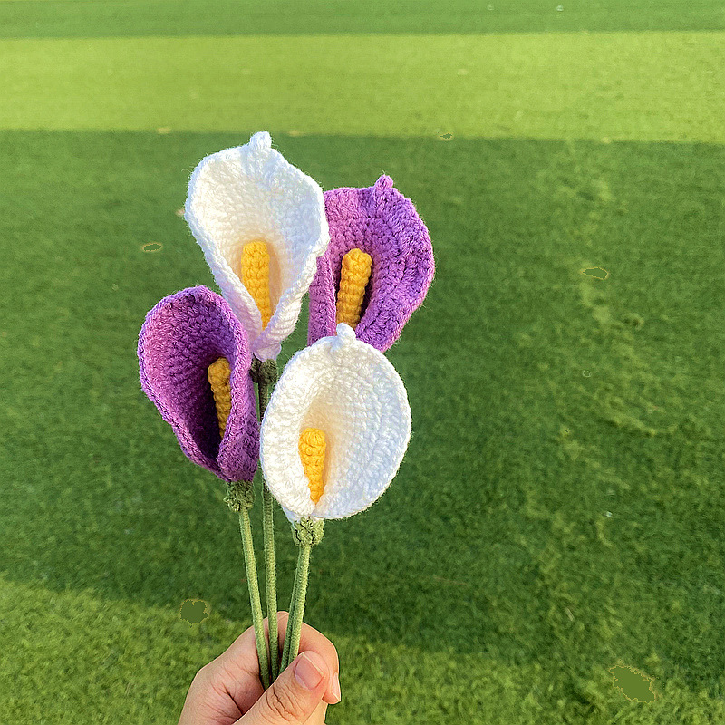 完成した手織りバラ、スズラン、ヒマワリ、造花、ウールニットブーケ、花飾り、ギフト|undefined
