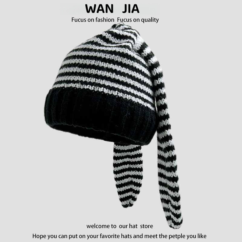 Cappello lavorato a maglia autunnale e invernale per donne con orecchie lunghe, grazioso cappello di lana a righe, calda protezione per le orecchie, cappello freddo dalla personalità unica_voghion.com