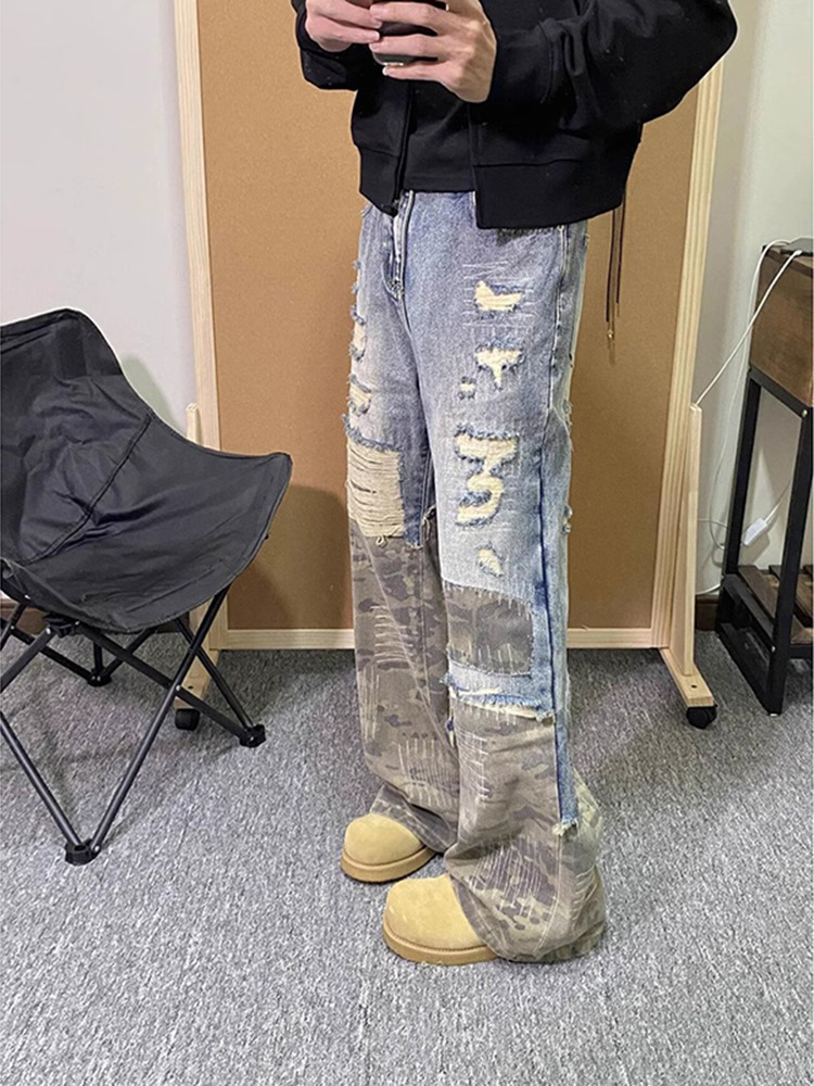 American Retro Fake Two-piece Jeans Design Sense Premium Camouflage Splicing Ripped Men's Cleanfit Straight Pants_viptrois.com