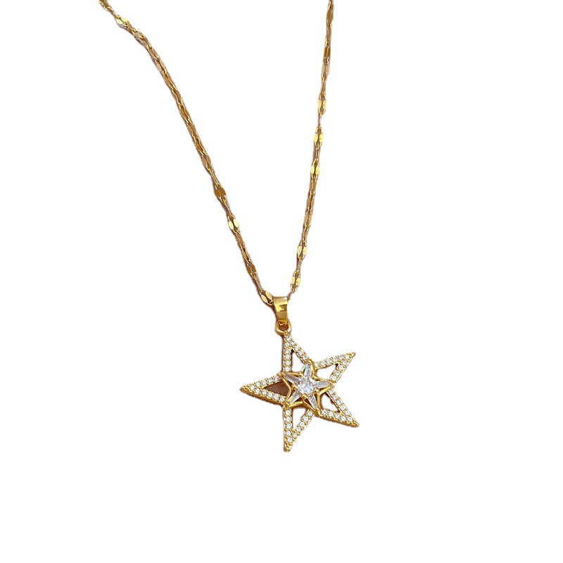 Collar de oro auténtico con pentagrama de diamantes incrustados, estilo industrial pesado, para mujer, con cadena para clavícula, estilo celebridad de internet._voghion.com