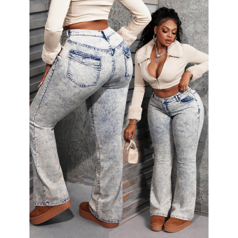 Europa y Estados Unidos transfronterizos apretados de cintura alta estilo americano de alta tendencia callejera Jeans lavado con agua pantalones de boquilla universal tamaño extra image 3