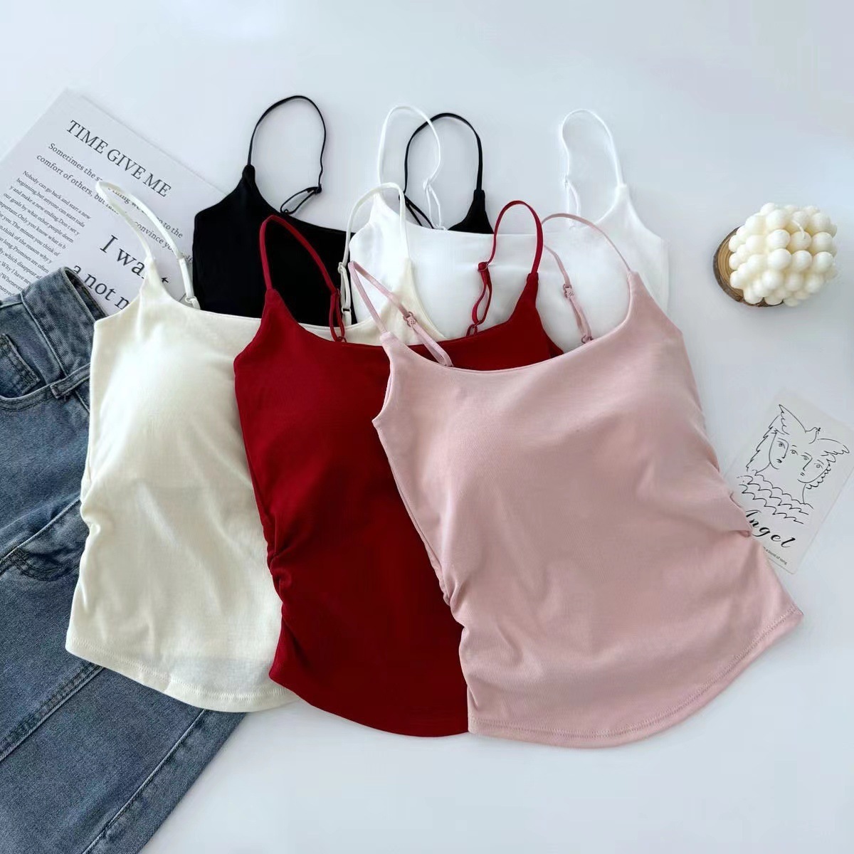 140g Weight Cotton Spandex Fabric Type Regular Top Length Camisole Tops Type Holiday, Daily Occasion Strap Neckline Slim Fit Type Solid Color Pattern Summer Season Women's Gender Pleated Design Casual, Streetwear Style Wholesale Women's Casual Streetwear Solid Color Pleated Tank Tops 1