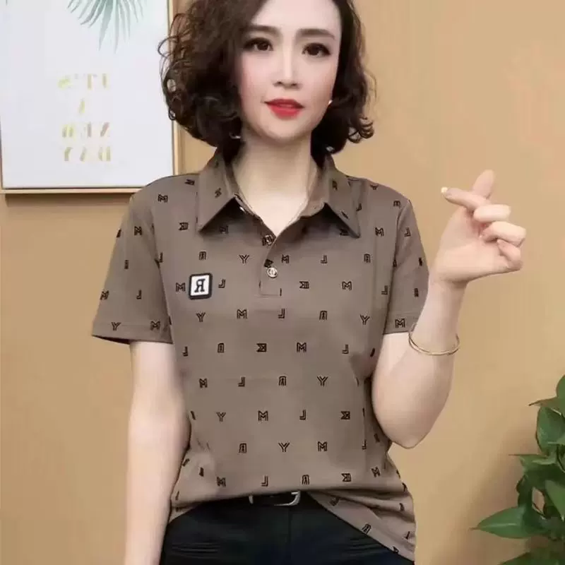 POLO领短袖T恤女夏季新款时尚气质妈妈装显瘦遮肉百搭减龄上衣潮