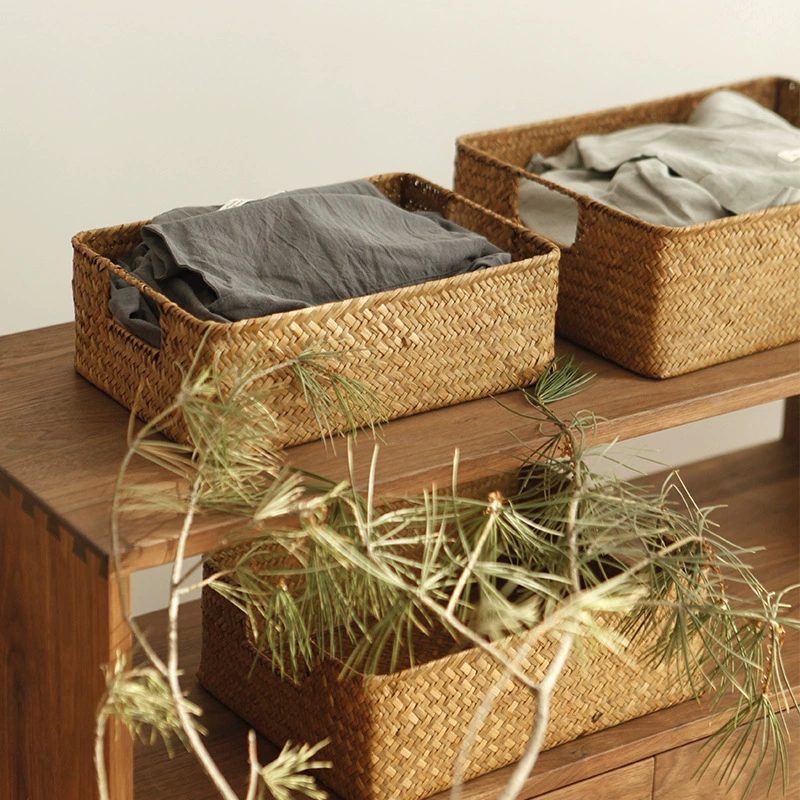 Storage basket, straw table rectangular woven storage system