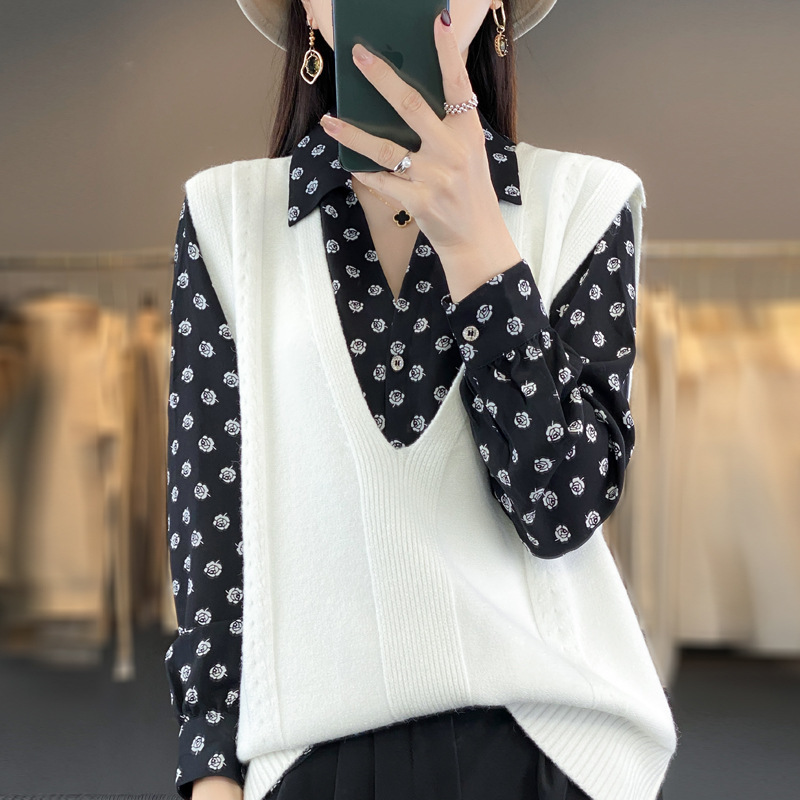 23 otoño nuevas mujeres de punto chaleco profundo cuello en V suéter jacquard suéter suelto Comercio exterior al por mayor