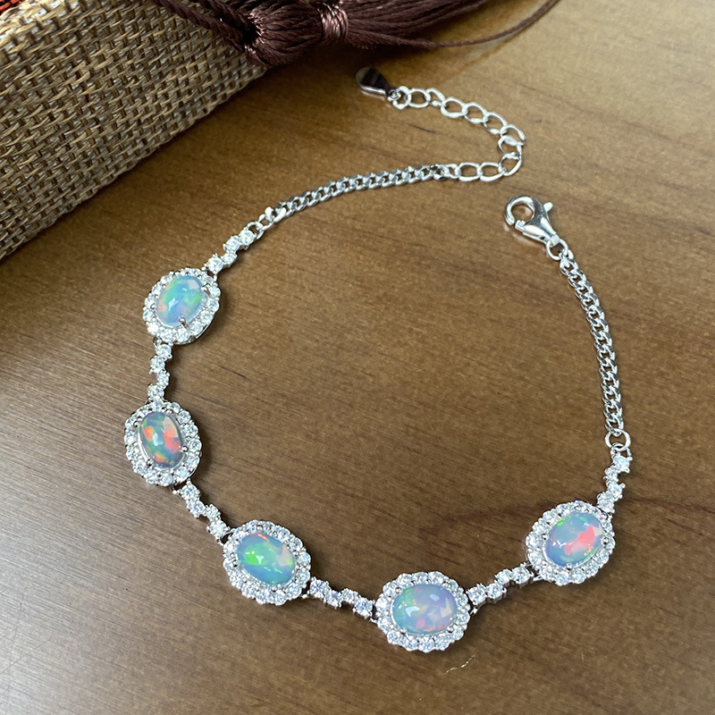 Live Broadcast Popular Natural Opal Bracelet for Women S925 Sterling Silver Colored Gemstone Jewelry Cross-Border Best-Selling Jewelry Factory Wholesale
