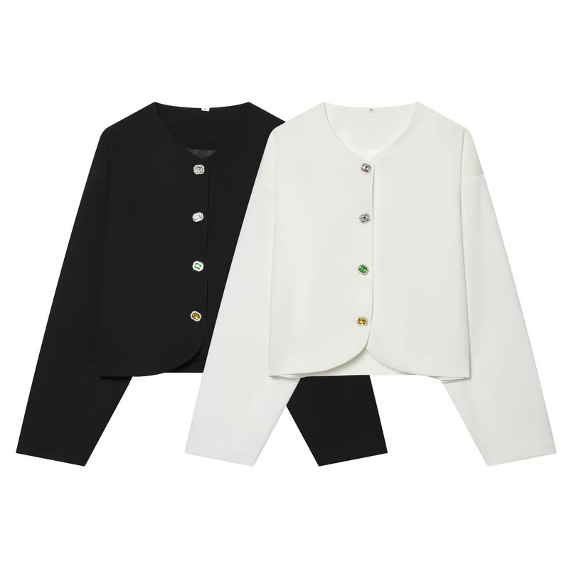 Amazon Wholesale New Summer Women's Versatile Solid Color Jewelry Single-Breasted Round Neck Long-Sleeve Slim-Fit Blazer