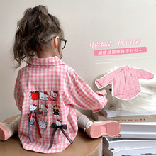 女童蝴蝶结格子衬衫2025秋季新款洋气小女孩卡通后背猫咪百搭外套