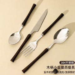 クロスボーダー 304 ステンレス鋼木製ハンドル洋食食器光沢のあるウエストステーキナイフ、フォーク、スプーン、デザートスプーン 4 点セット