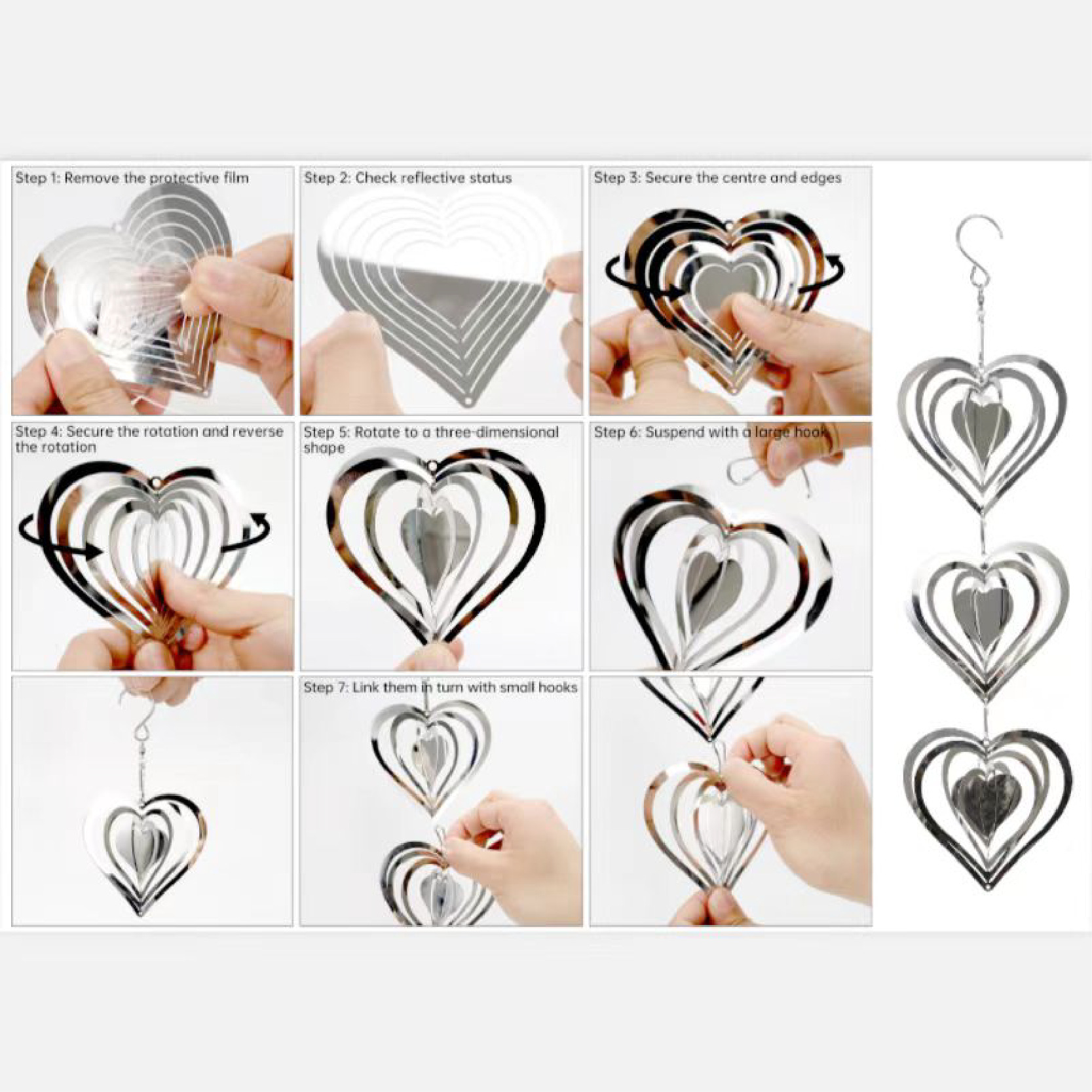 Rotating Heart Wind Chime With 3 Metal Strings And 9 Reflective Pieces_voghion.com