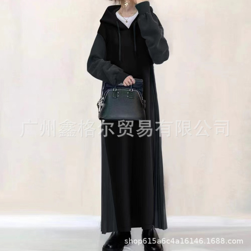 现货2025跨境秋季热卖长裙连帽拼色长款连衣裙|undefined