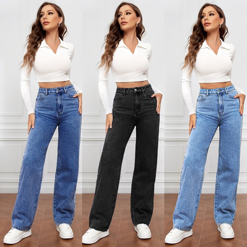 Cross-Border European and American Export Amazon Wish Aliexpress 2025 Autum New Casual Wide-Leg High-Waist Jeans for Women