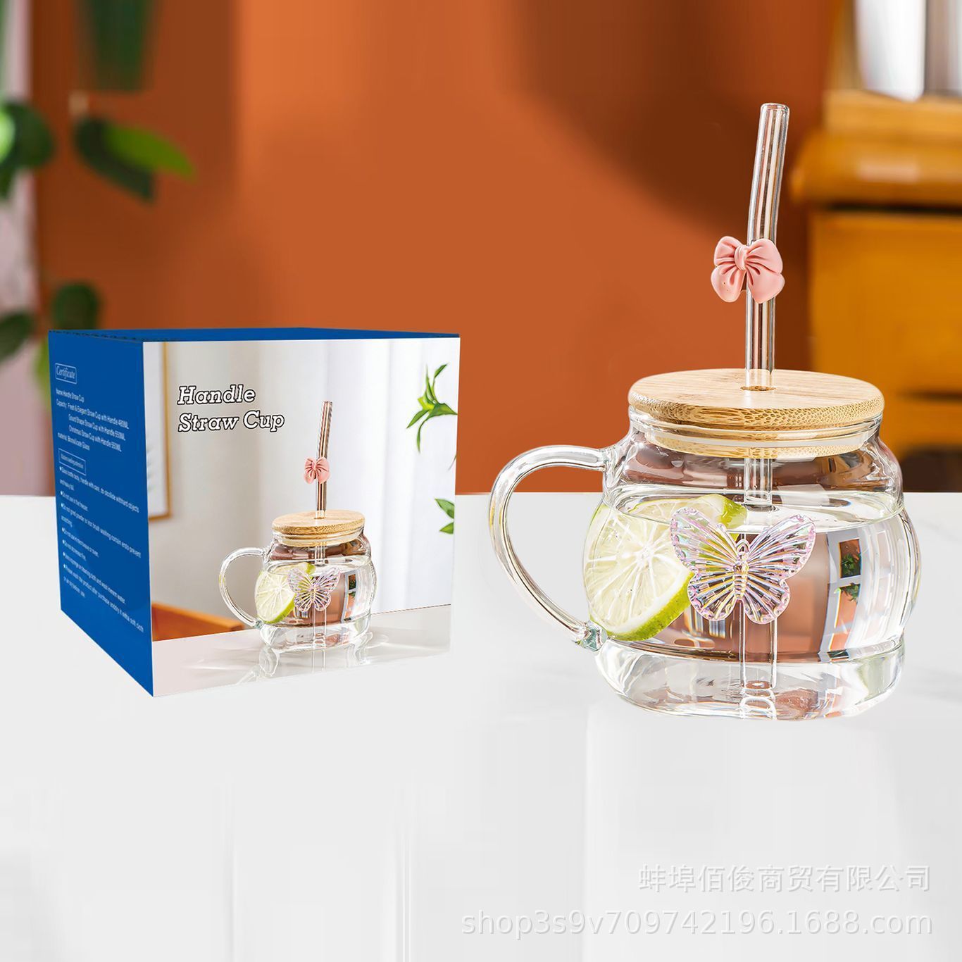 Taza de café de alto valor facial de vidrio transparente con mango de vidrio de alto silicio, taza de paja de hielo de bebidas americanas gordo