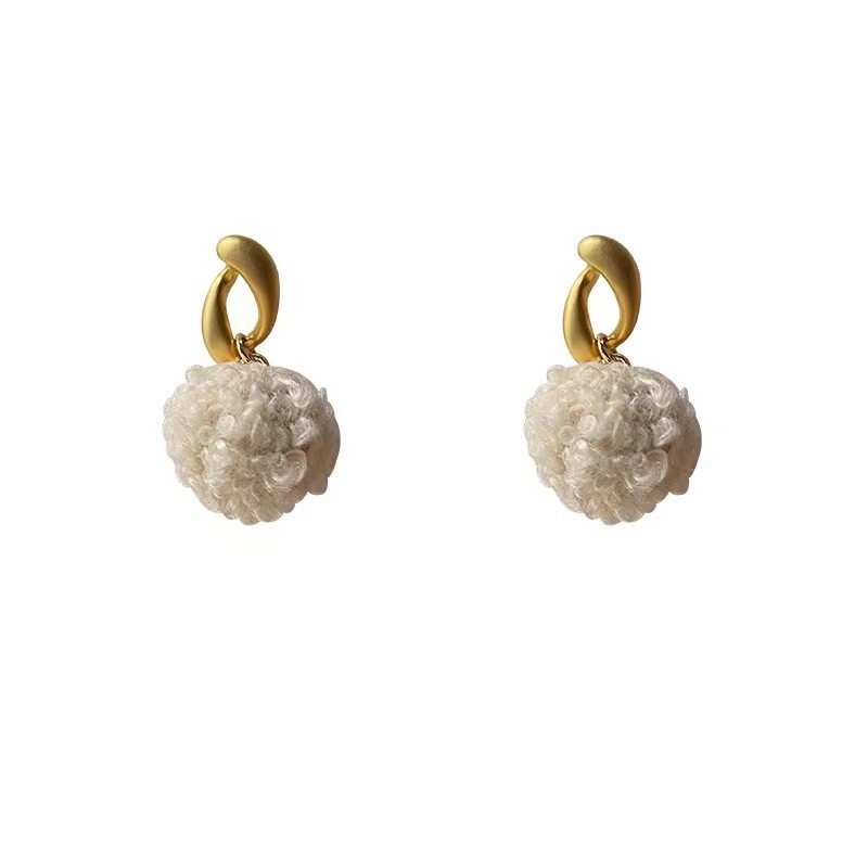 Korean fashion lamb wool plush ball earrings new niche geometric all match silver needle earrings trend_voghion.com