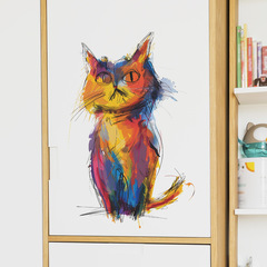 外貿個性彩色塗鴉貓臥室客廳宿舍家居裝飾牆貼貼紙自粘批發跨境