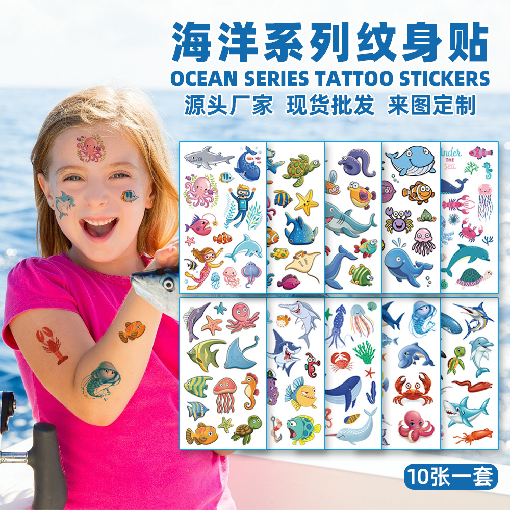 Transfronterizo nuevos niños de dibujos animados marino animal tatuaje pegatinas impermeable sudor diversión submarino fiesta pegatinas temporales al por mayor