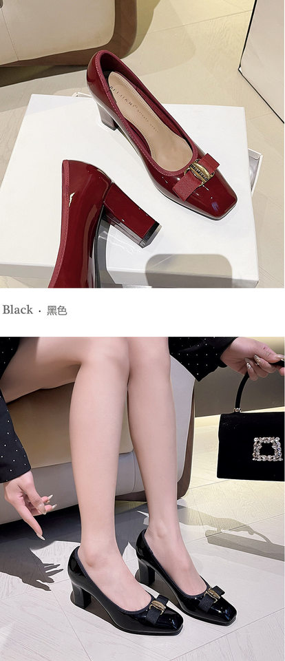 Giày Mary Jane nữ cao gót gót thô mũi vuông thắt nơ, miệng nông, gót 6–8 cm — rượu vang đỏ, đen chi tiết 8