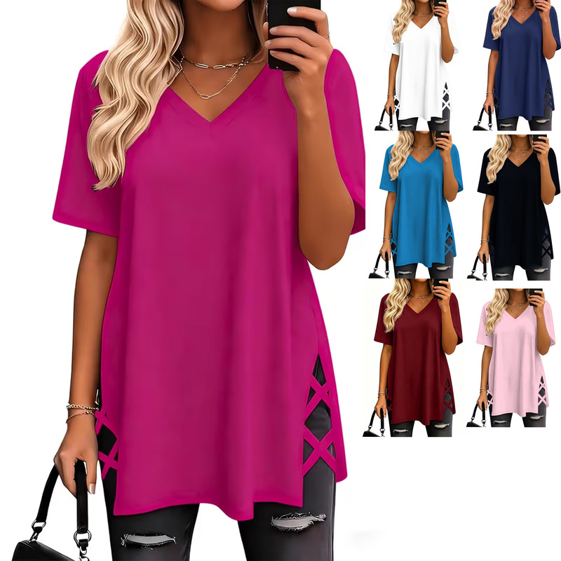 2026 Cross-Border Tops, Soft and Comfortable V-Neck Casual Tops, Basic Style, Fashionable Side Slit Loose Short-Sleeved T-Shirts 2026 Cross-Border Tops, Soft and Comfortable V-Neck Casual Tops, Basic Style, Fashionable Side Slit Loose Short-Sleeved T-Shirts